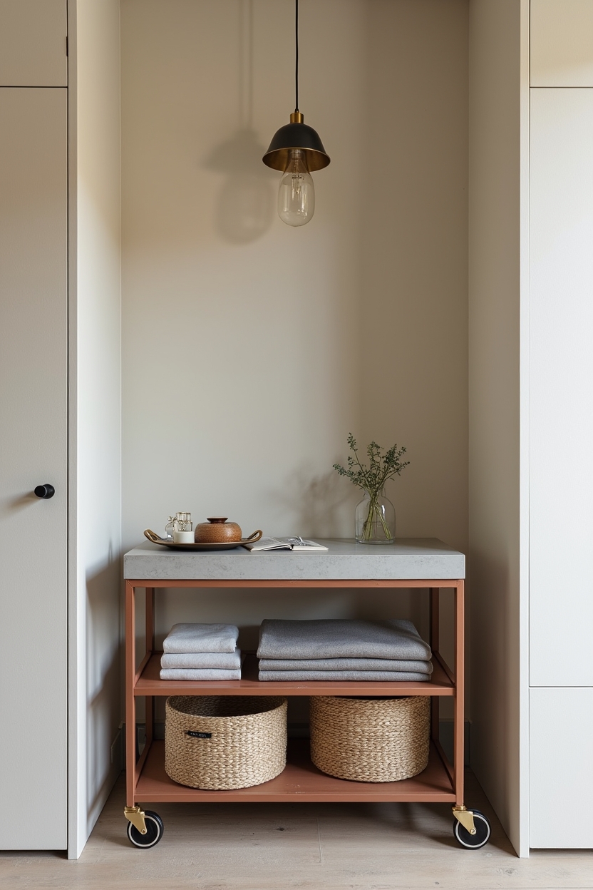 concrete laundry room folding station ideas — concrete-topped cart on lockable casters with corten metal frame featuring mobile concrete-topped cart for pop-up folding stations