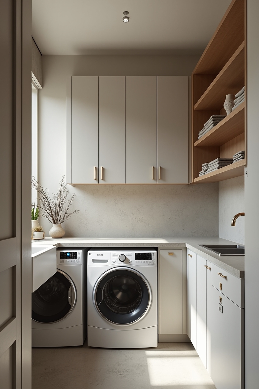 concrete laundry room folding station ideas — full-width poured concrete countertop (with slim beveled micro-concrete slab and brass inlay) featuring poured and micro-concrete countertops