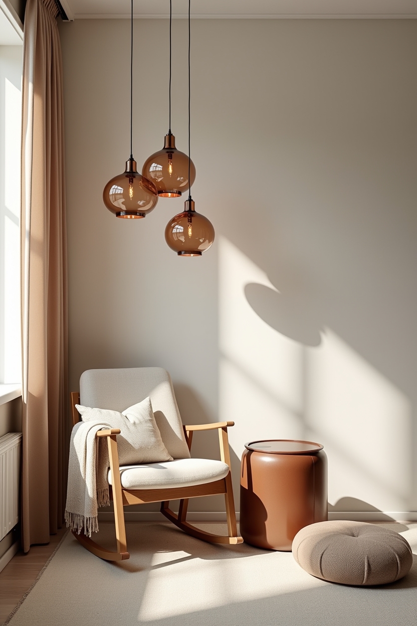 timeless luxury nursery lighting ideas — hand-blown amber glass pendant cluster featuring clustered hand-blown glass pendants at mixed heights