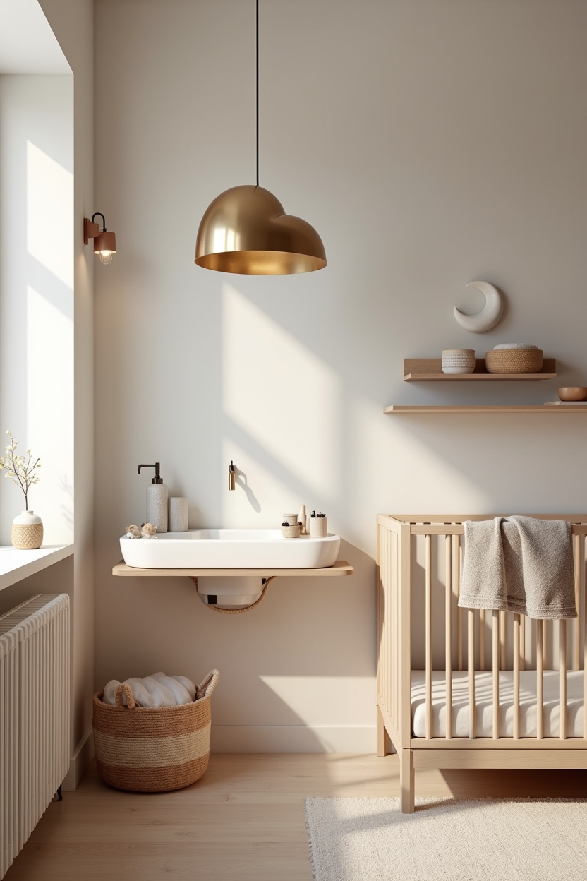 timeless luxury nursery lighting ideas — low brushed brass cloud pendant featuring sculptural brass pendant and crescent sconce pairing
