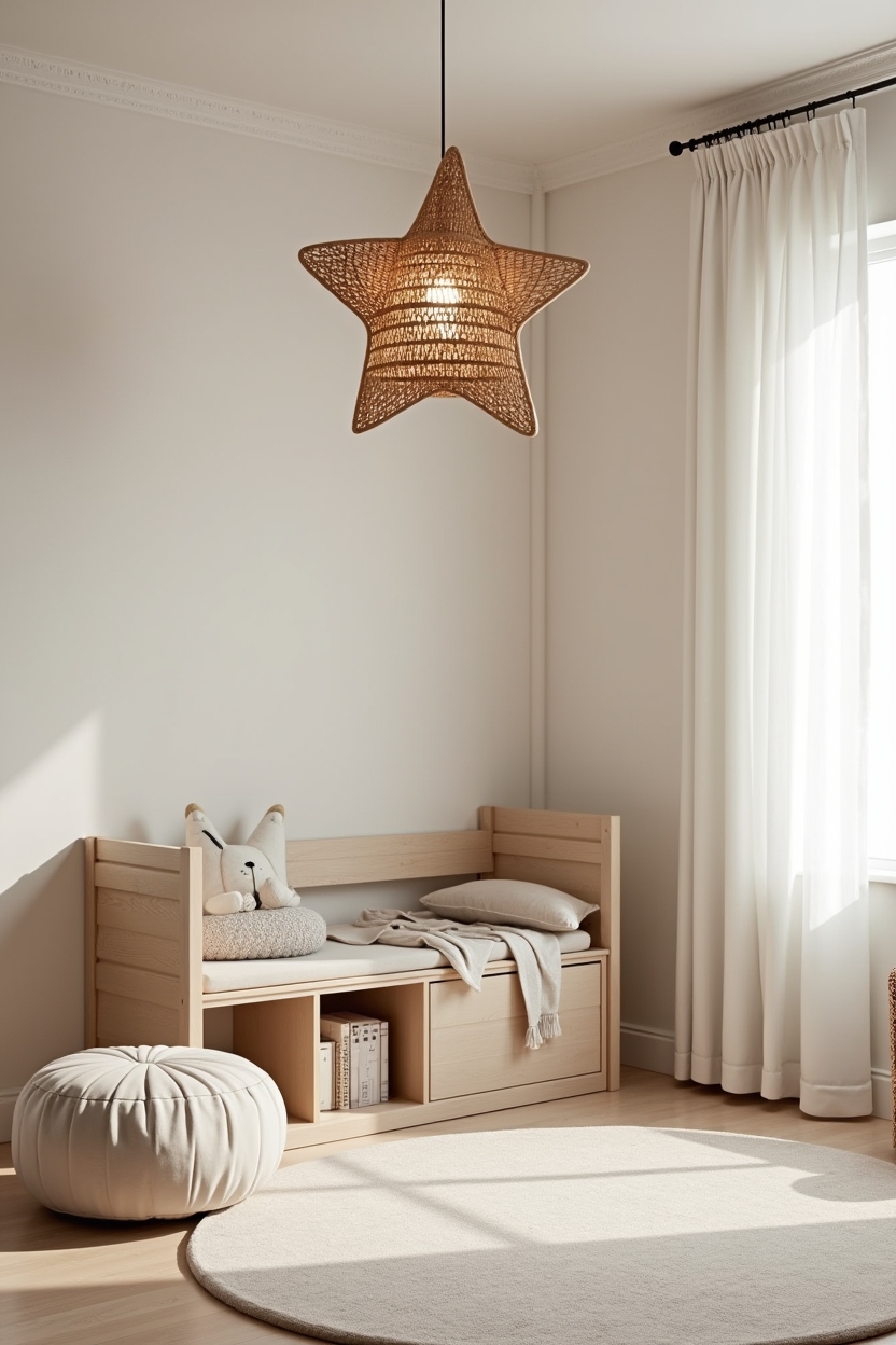 timeless luxury nursery lighting ideas — star-shaped pale honey rattan chandelier featuring woven rattan star chandelier
