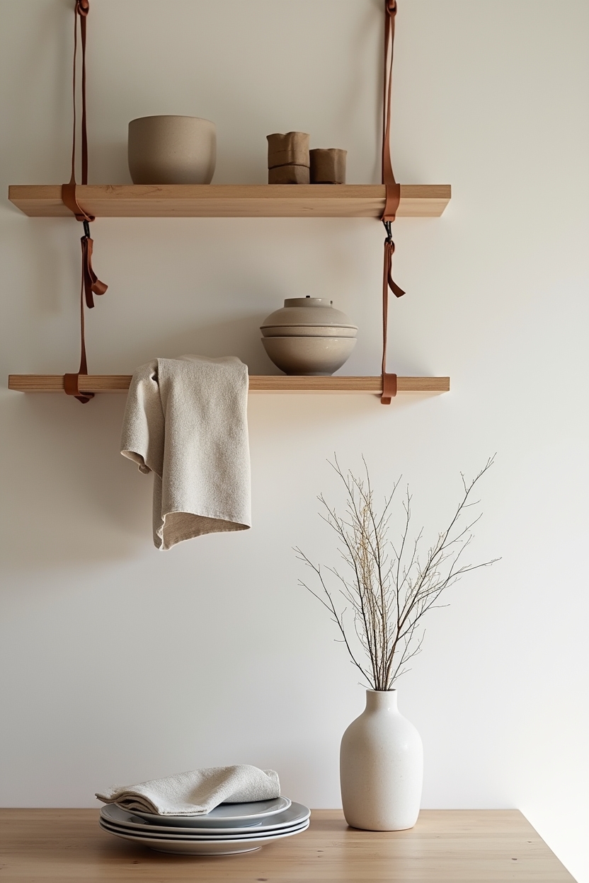 suspended linen-wrapped hanging shelves on leather straps home decor