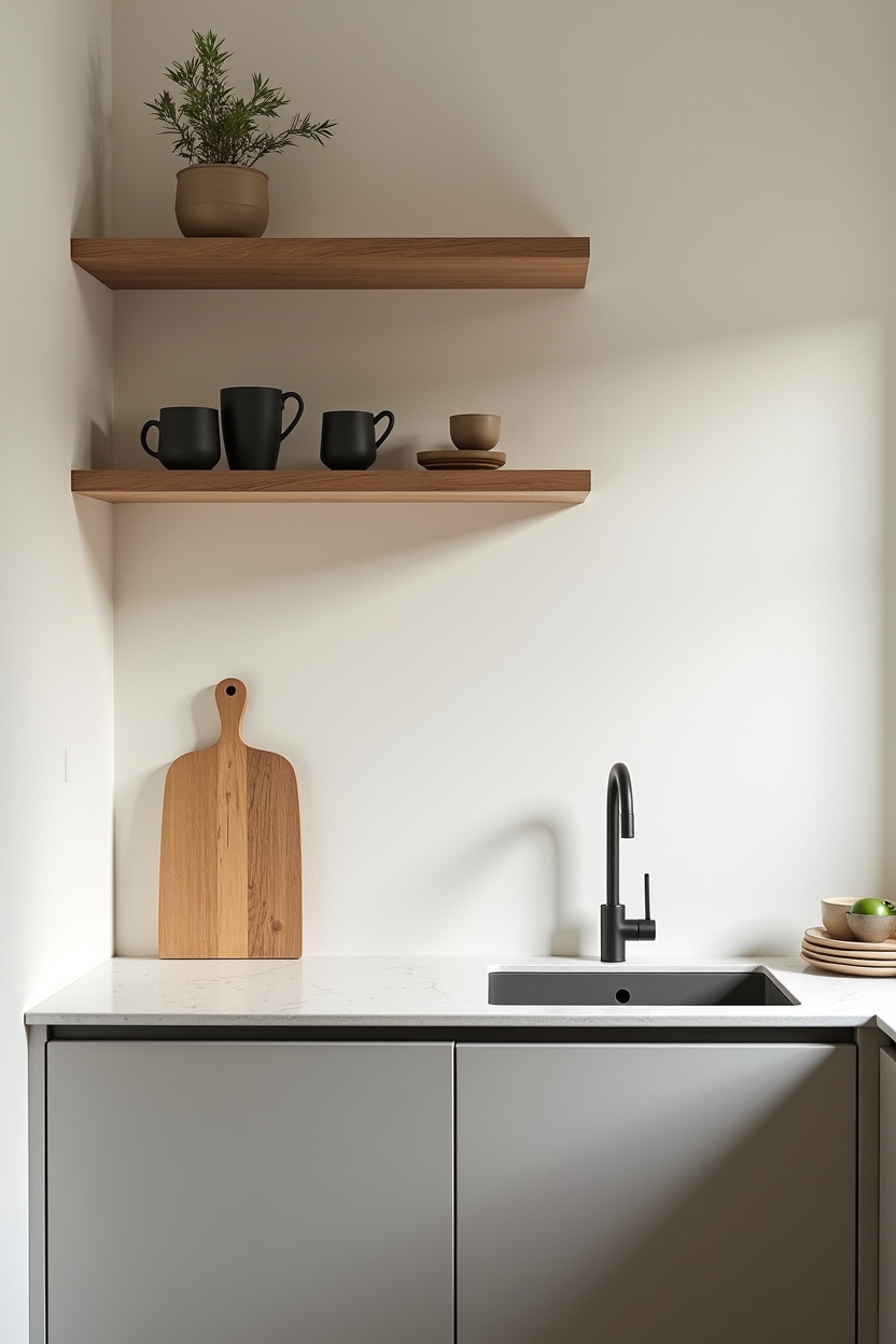 asymmetrical reclaimed oak & rounded bamboo floating shelves home decor