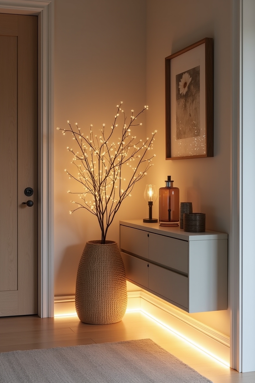 winter entryway lighting ideas — amber filament icicle LED strands in a woven basket featuring strand and step LED accenting