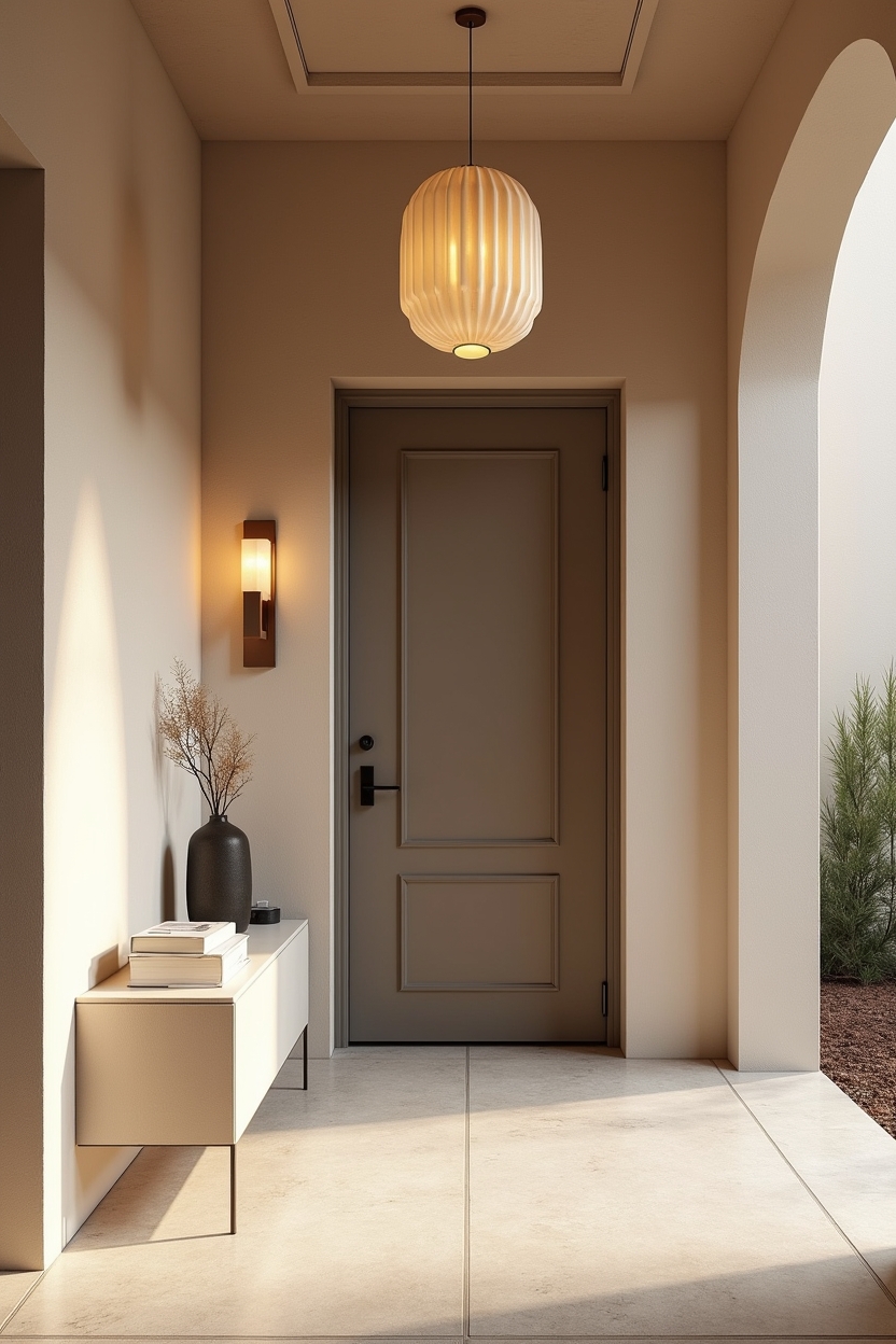 winter entryway lighting ideas — fluted alabaster pendant with salted-bronze canopy featuring sculptural suspended and wall lantern lighting