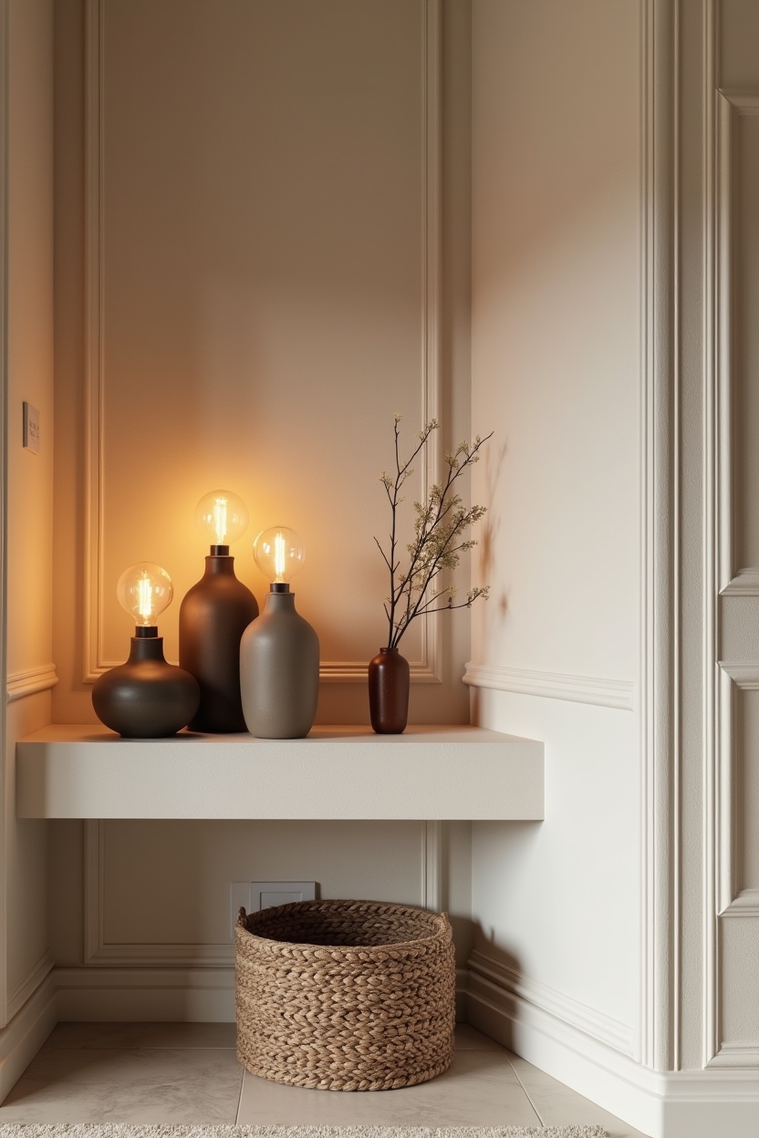 winter entryway lighting ideas — trio of hand-thrown ceramic lamps featuring collectible tabletop lamp cluster