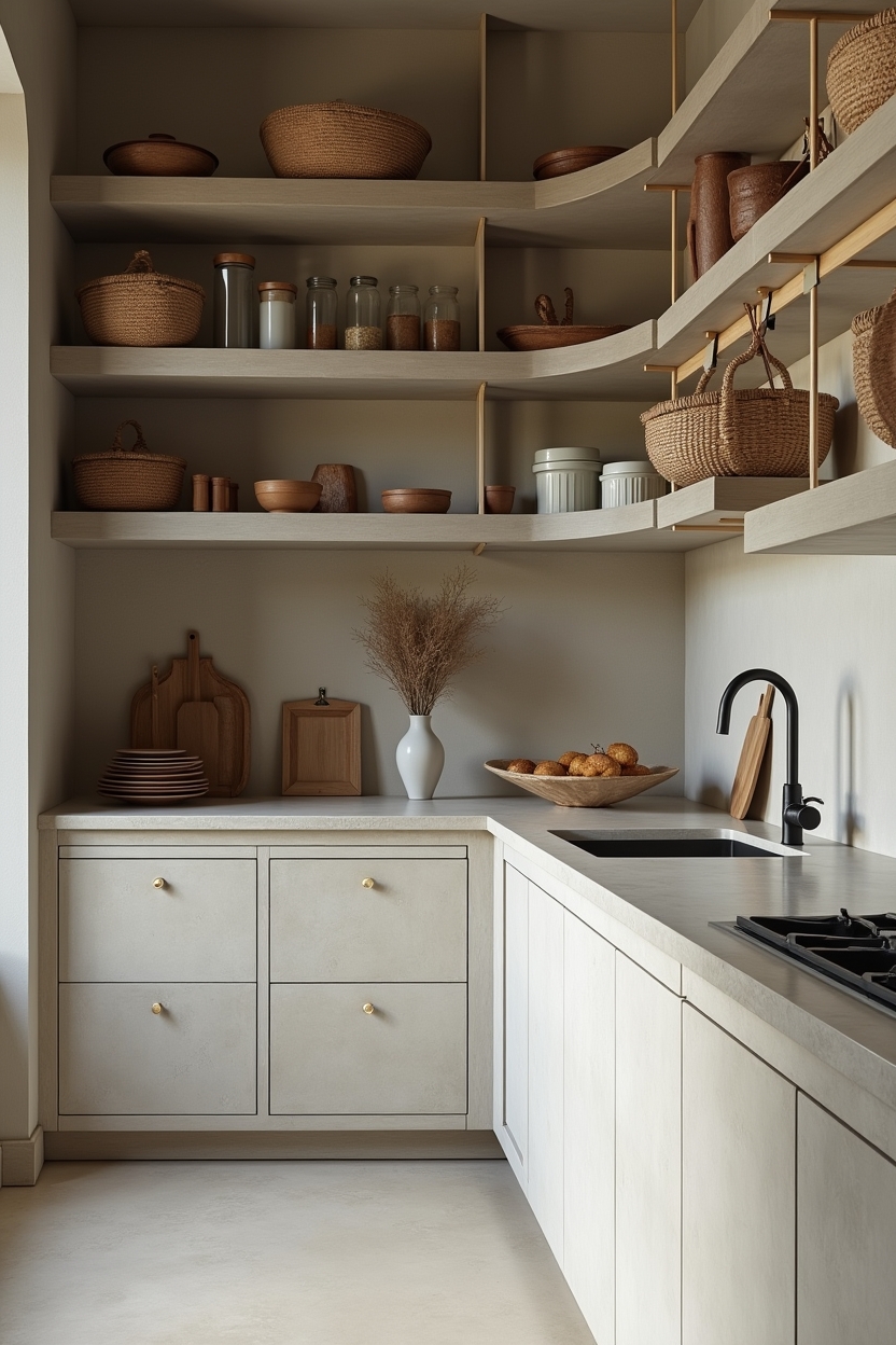 polished micro-concrete open shelving home decor