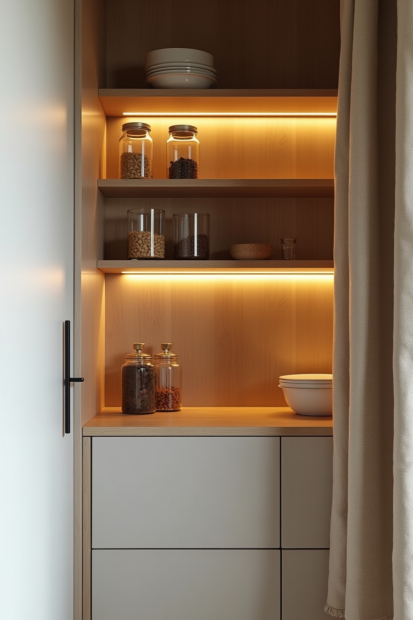 integrated warm LED shelf strips with dimmer home decor