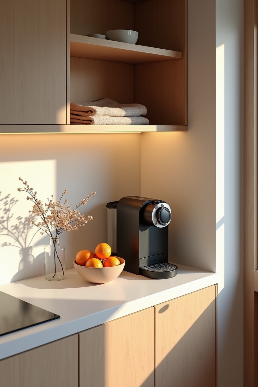 luxury kitchen appliance wall ideas — capsule coffee machine staged on a slim floating shelf featuring mini vignette shelf still life with halo under-shelf LED