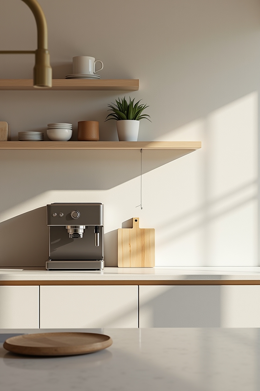 luxury kitchen appliance wall ideas — slim display shelf with a chrome espresso machine on it featuring textured plaster backdrop (limewash/Venetian) behind appliances