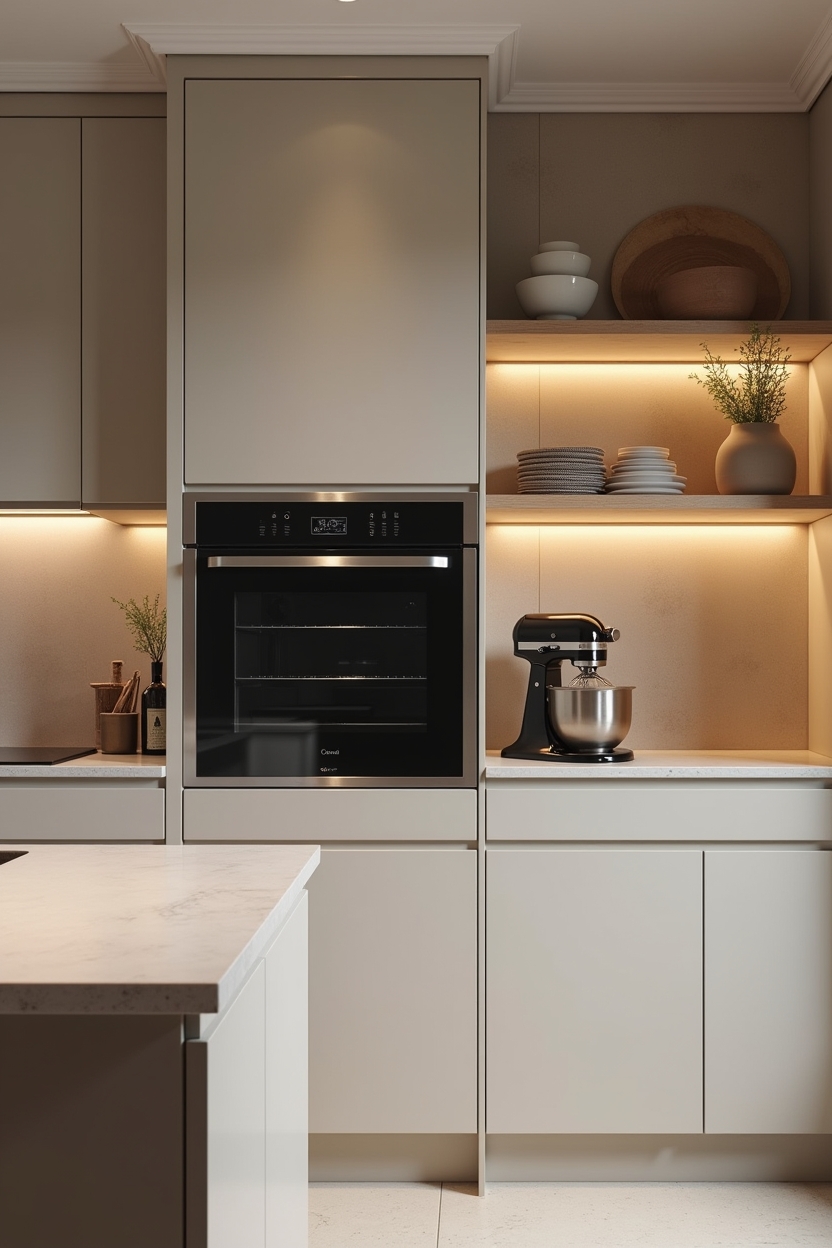 luxury kitchen appliance wall ideas — flush-mounted built-in oven with backlit halo featuring warm LED halo backlighting around built-in appliances