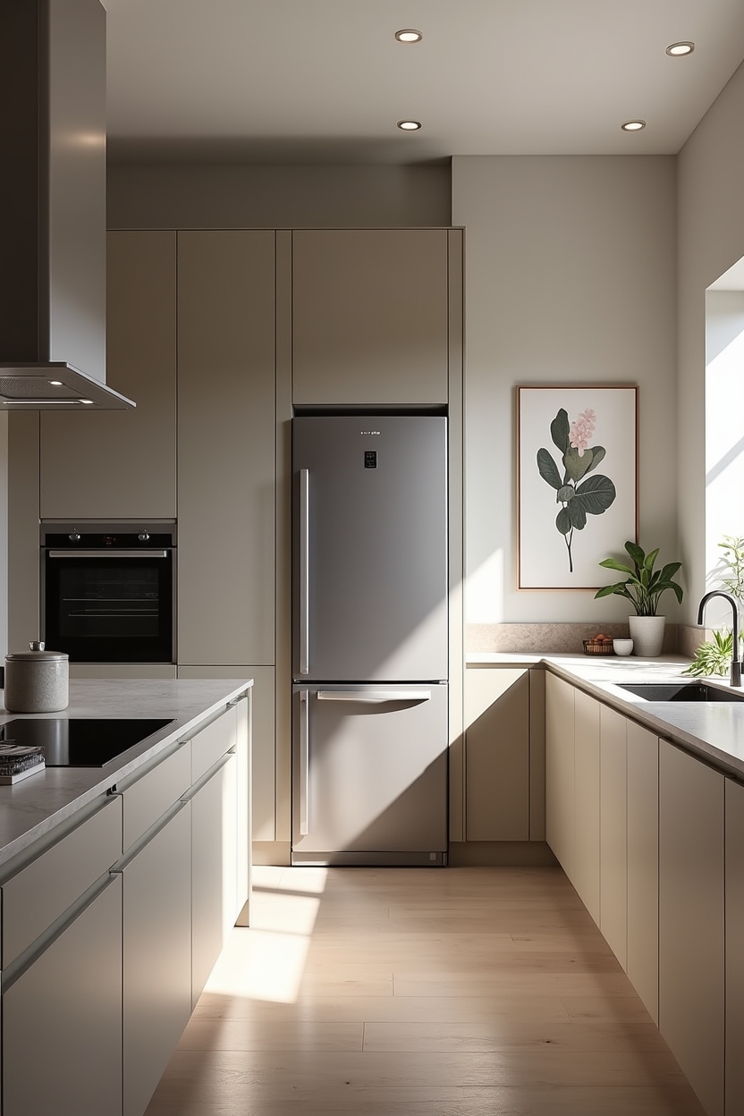 luxury kitchen appliance wall ideas — paneled integrated fridge with recessed pulls featuring full-height integrated stainless appliance bank