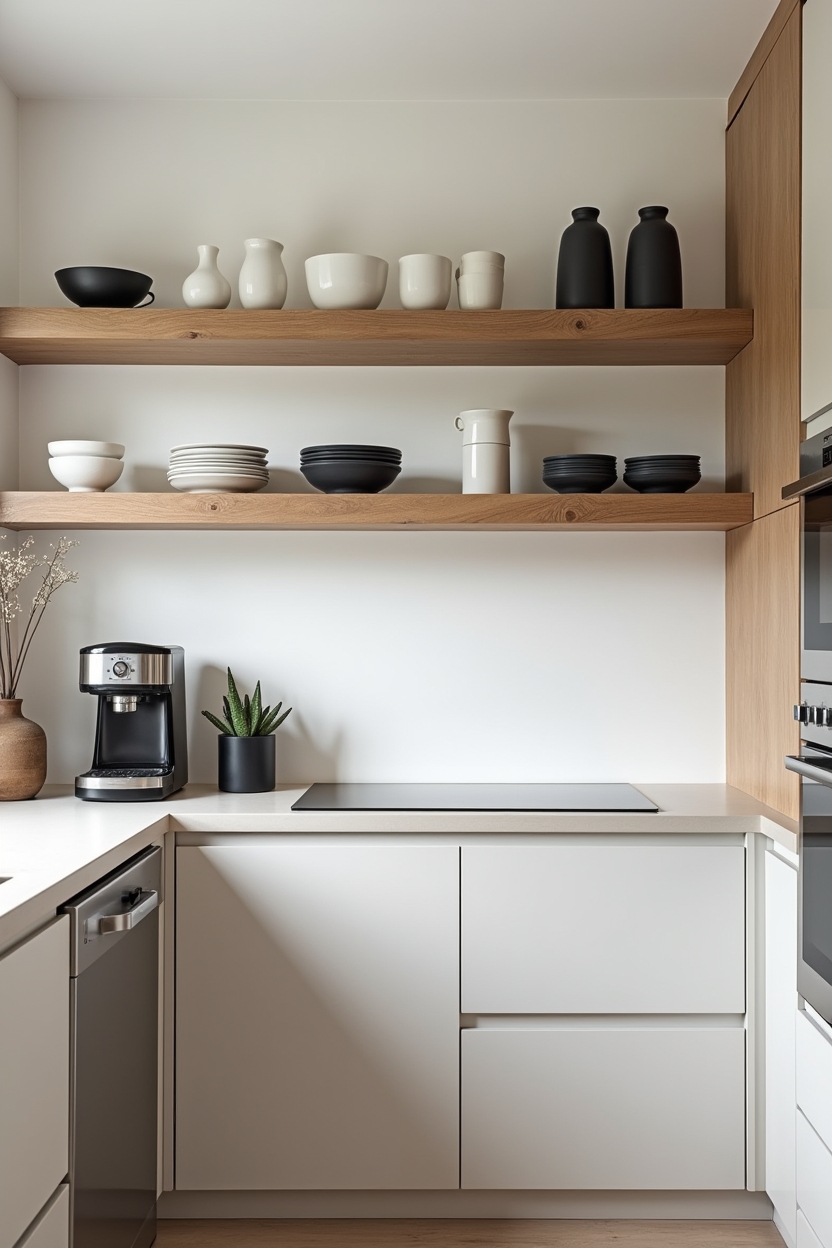 open oak shelving with curated stoneware home decor