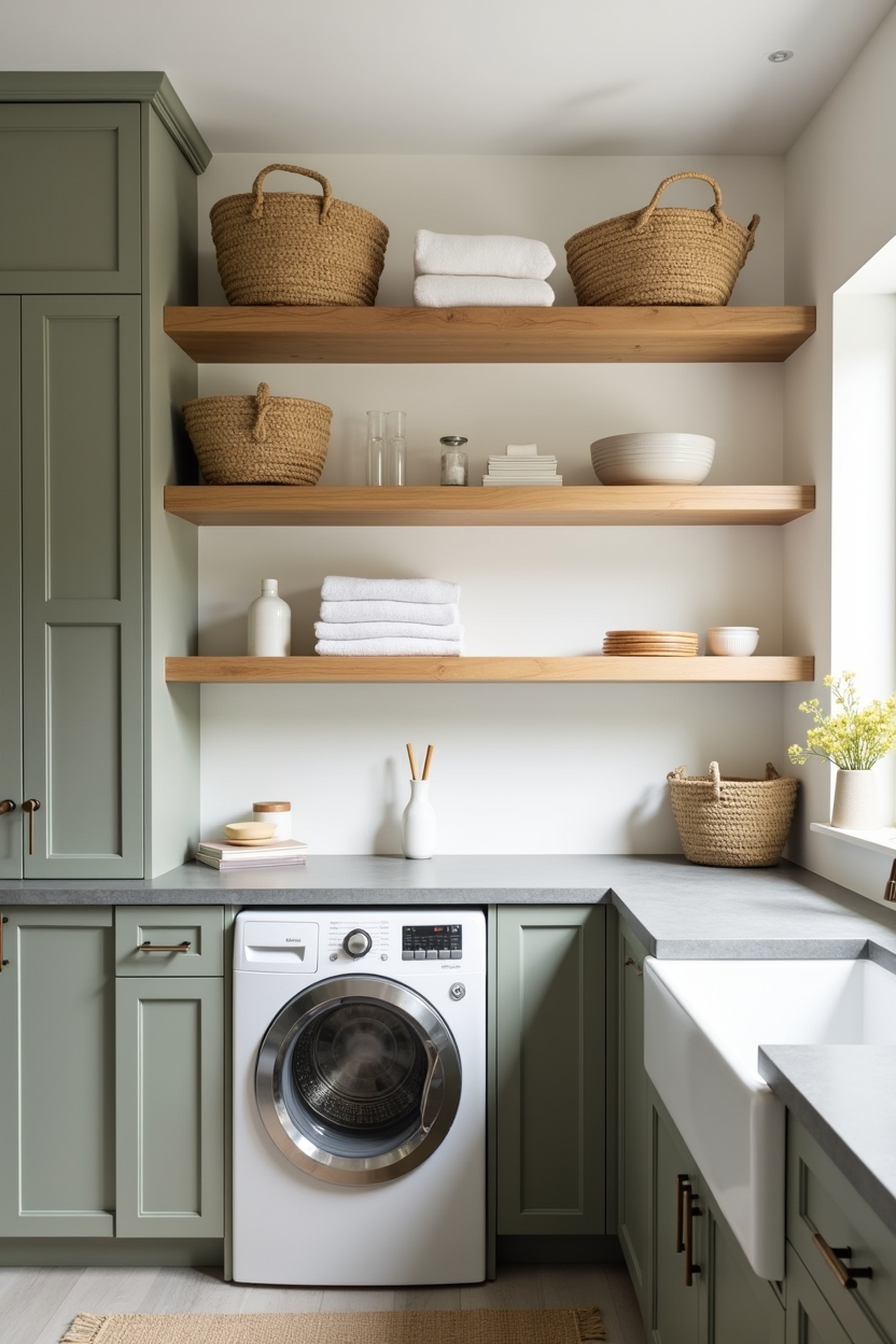olive green laundry room cabinet ideas — floating_wood_shelves_next_to_olive_cabinets featuring open_wood_shelving