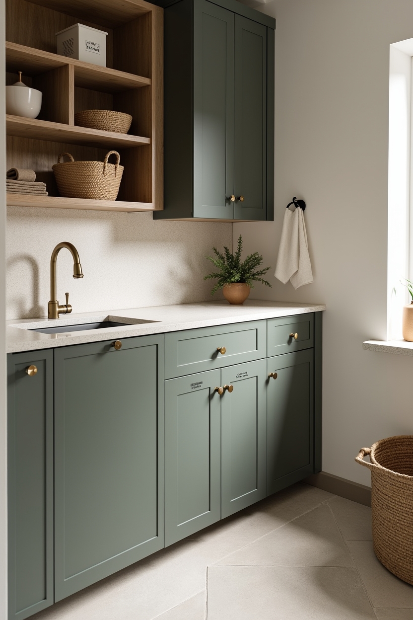 olive green laundry room cabinet ideas — matte_olive_lower_cabinets_row featuring brass_hardware