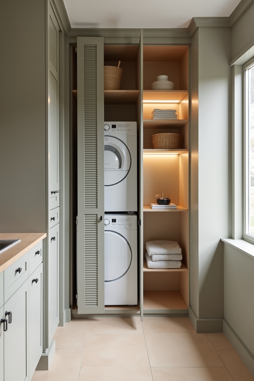 olive green laundry room cabinet ideas — slim_olive_louvered_cabinet featuring louvered_cabinet_face