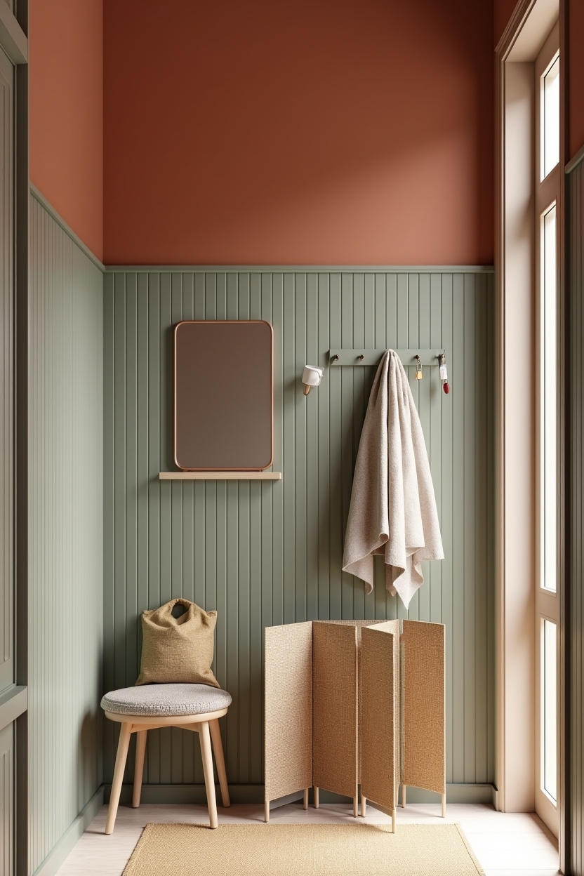 peel-and-stick matchstick beadboard accent wall painted warm sage/terracotta home decor
