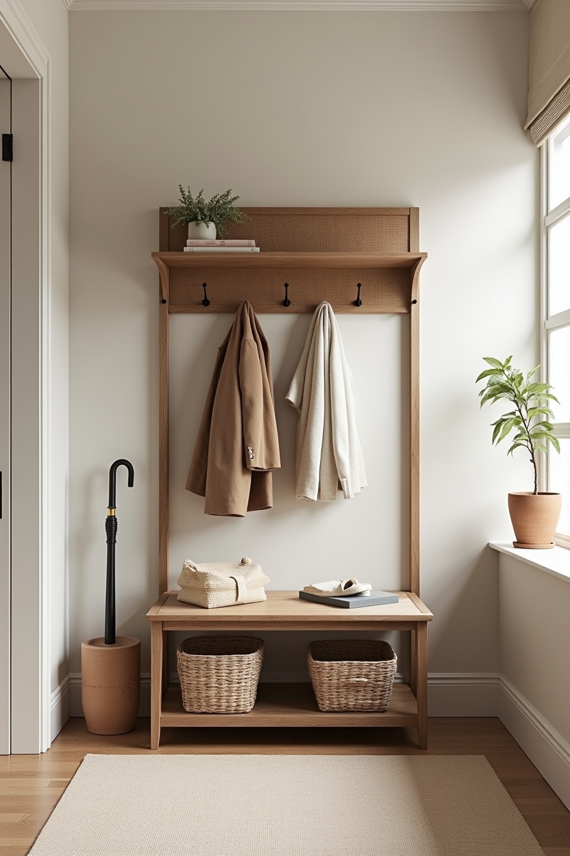 cane foyer decor — cane-backed hall tree with brass hooks featuring cane-backed hall tree storage