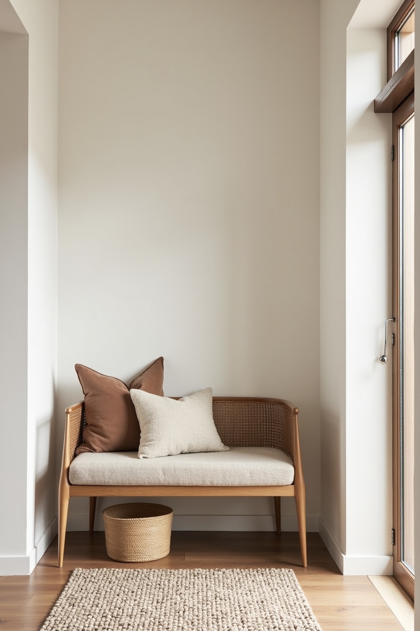 cane foyer decor — low curved cane settee with boucle cushion featuring curved cane settee