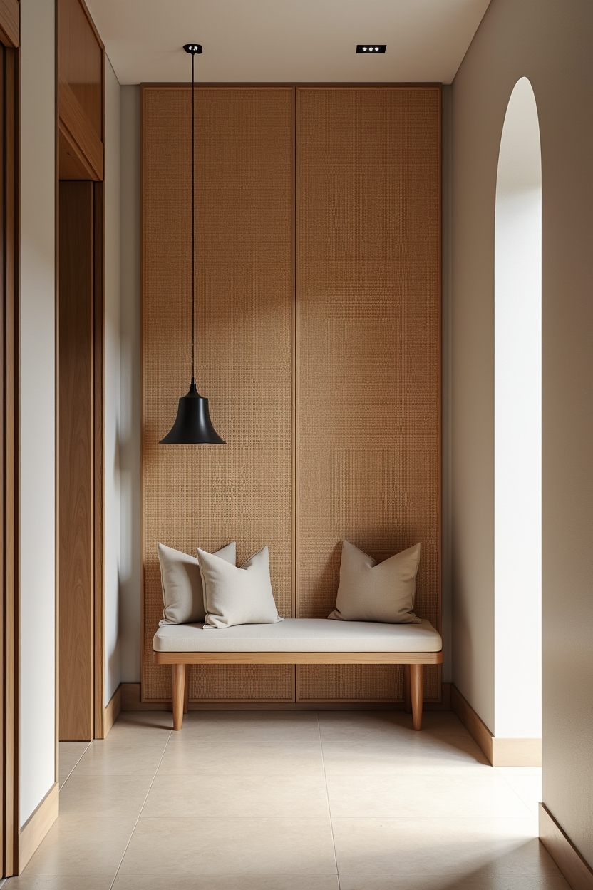 cane foyer decor — floor-to-ceiling cane screen behind the bench featuring overscaled cane screen