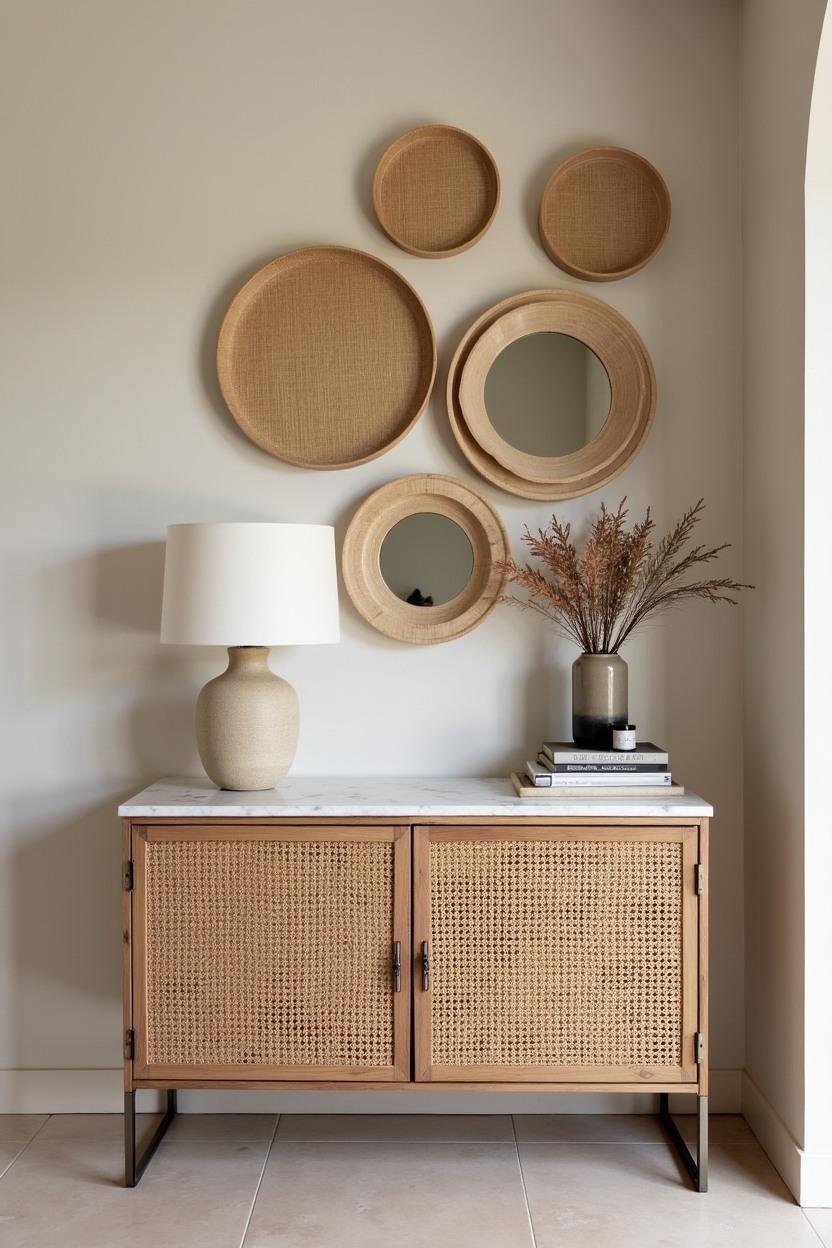 cane foyer decor — cane-front console topped in marble or terrazzo featuring mixed-material cane console