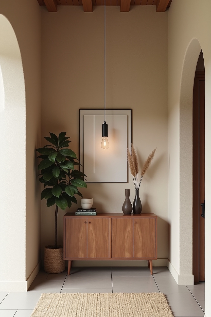 matte black single-pendant centered over console home decor