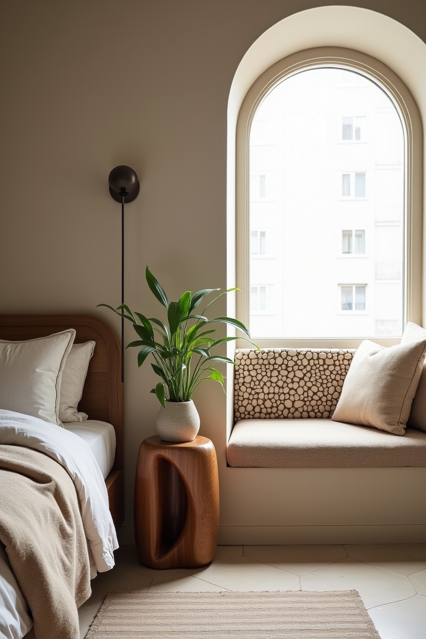 biomorphic walnut bedside table with integrated planter home decor