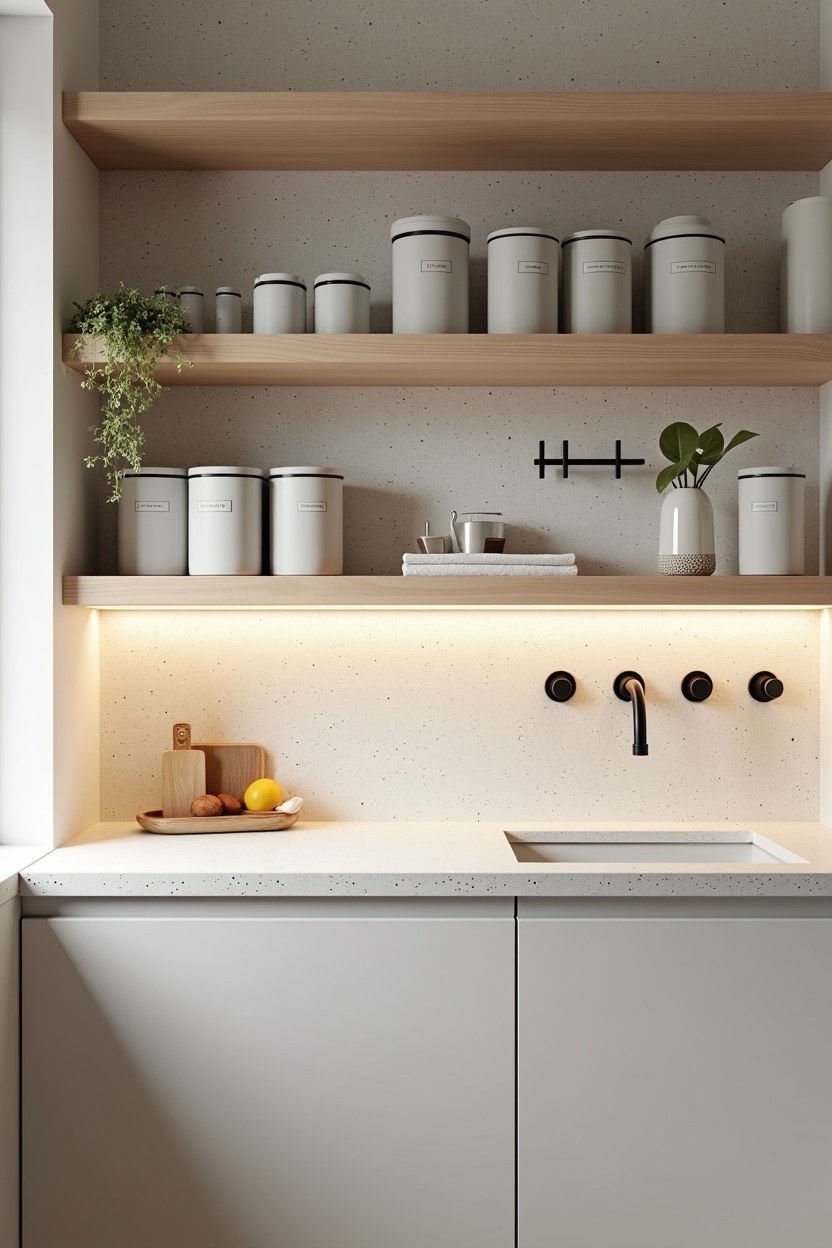 open shelf laundry room storage ideas — terrazzo_slab_shelf featuring terrazzo_shelf_slab
