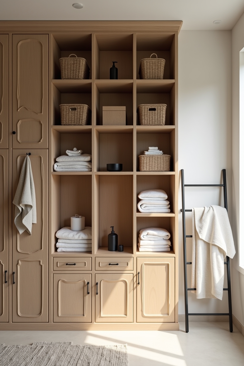 open shelf laundry room storage ideas — asymmetrical_wood_cubby featuring sculptural_wood_cubbies