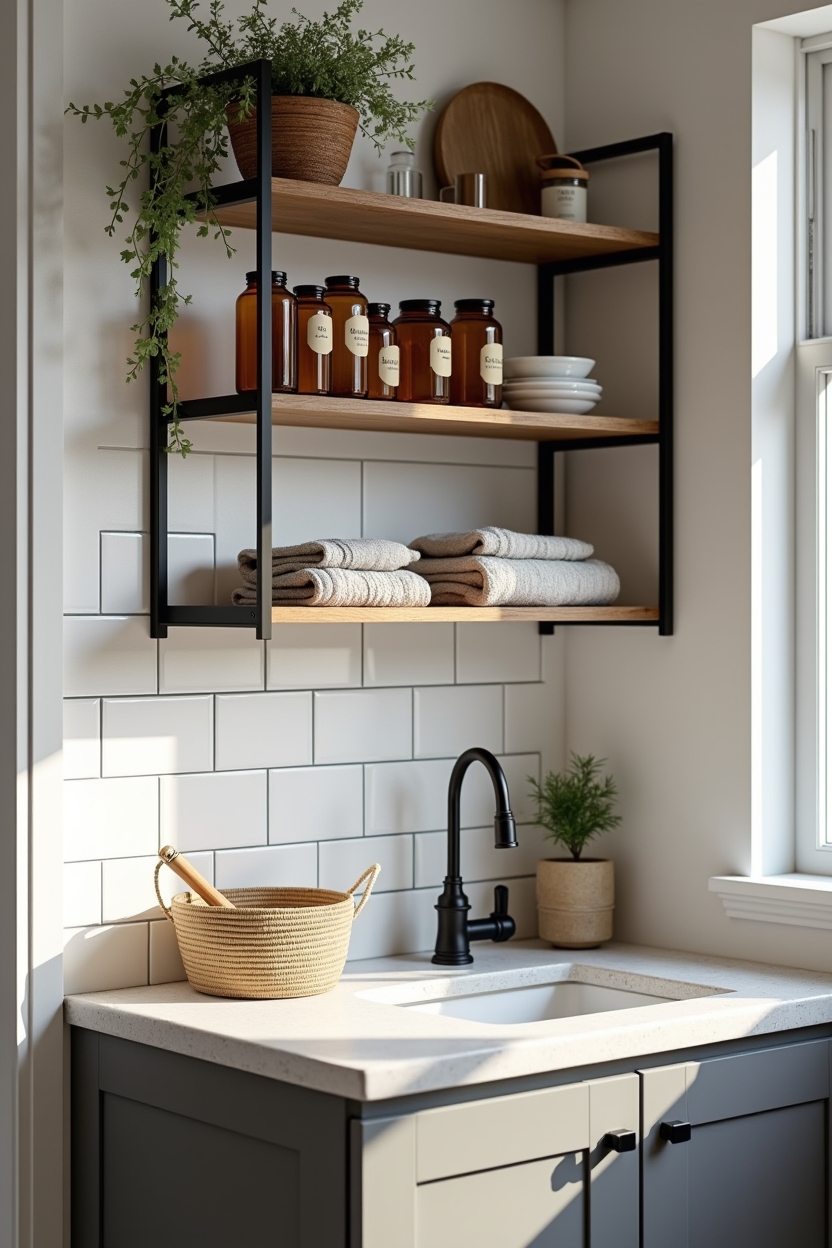 open shelf laundry room storage ideas — amber_apothecary_jar featuring open_metal_shelving
