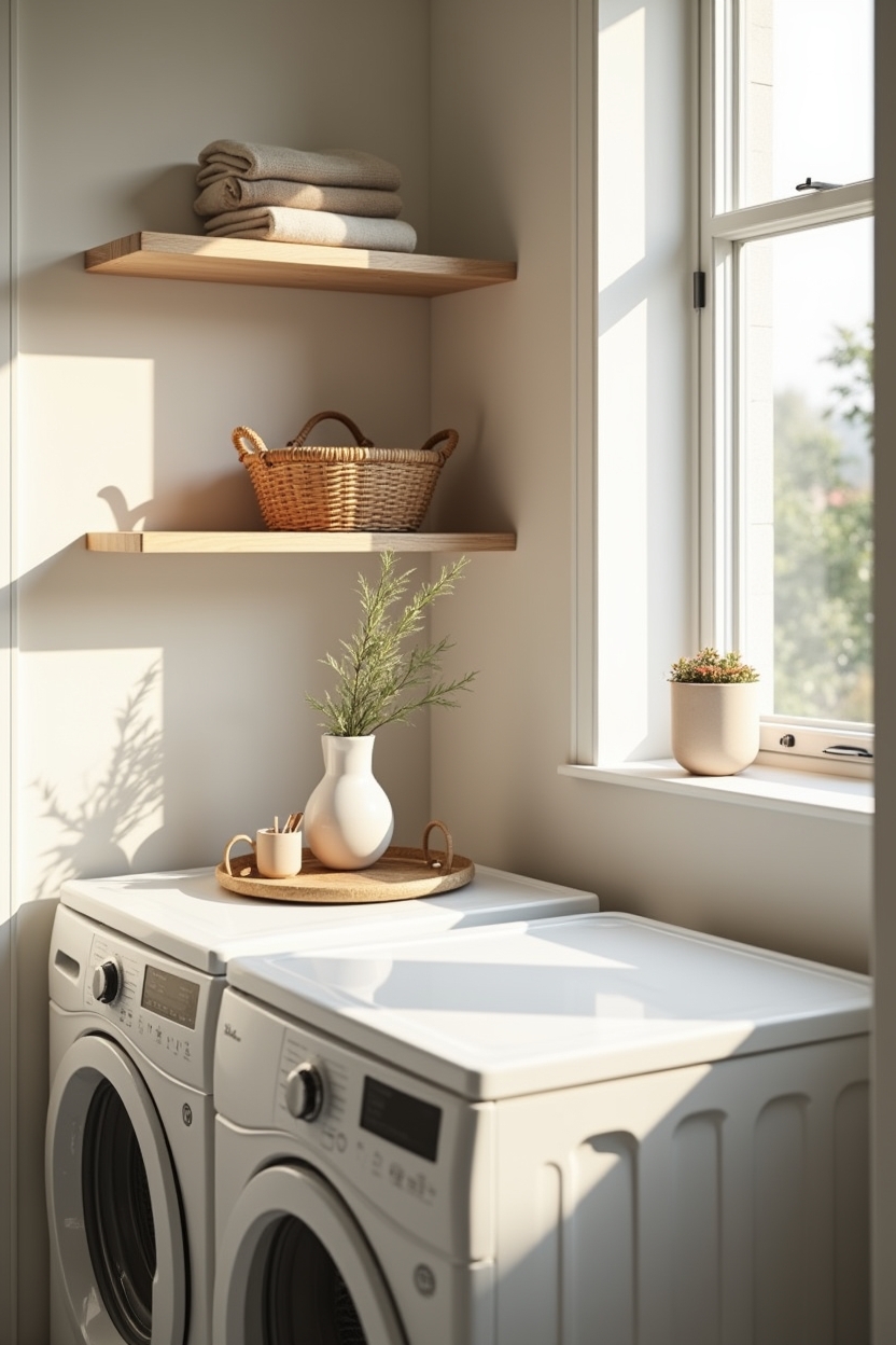 open shelf laundry room storage ideas — sculptural_pottery_vase featuring single_shelf_vignette