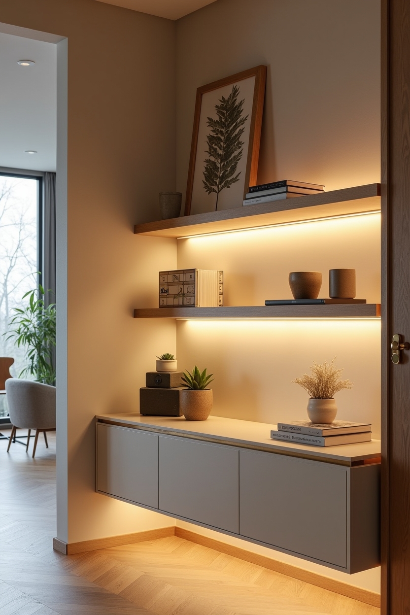 budget brass tape lighting along shelf edge home decor
