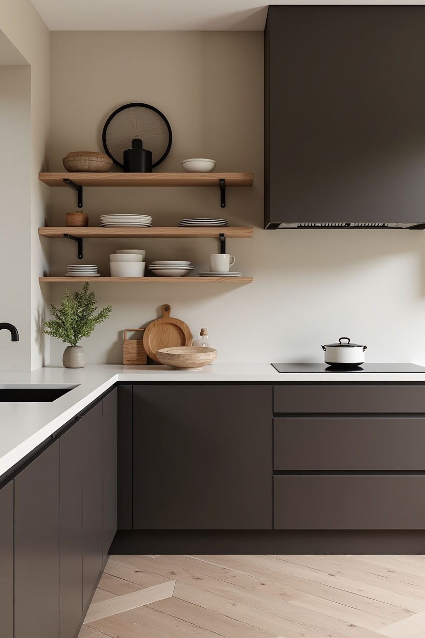 espresso satin lower cabinets contrasted with limewash accent wall behind open shelving home decor
