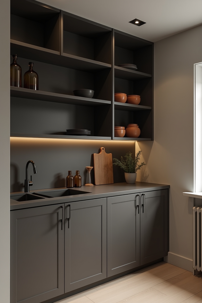 warm graphite matte open shelving styled with earthy ceramics and natural wood accents home decor