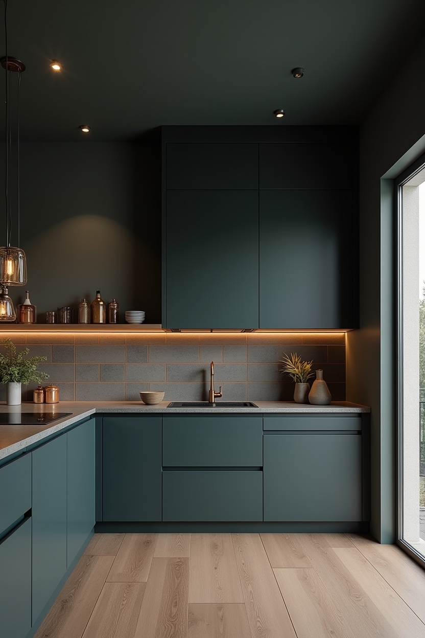 deep-hued ceiling matched to lower cabinet color creating a cocooning color dip effect home decor