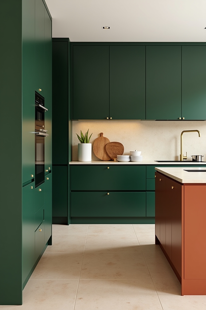 high-gloss forest green cabinetry on perimeter with terracotta color-blocked island home decor