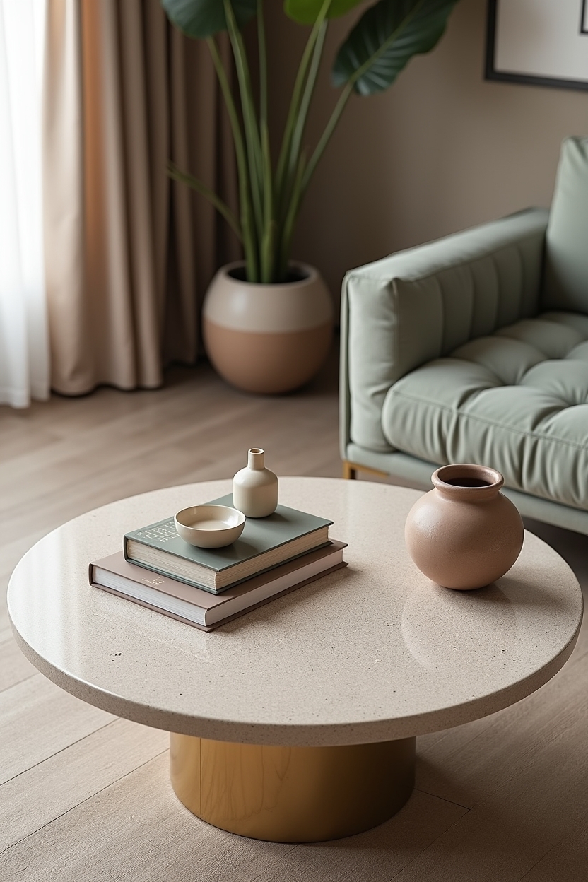 two-tone terrazzo coffee table with irregular pebble insets home decor