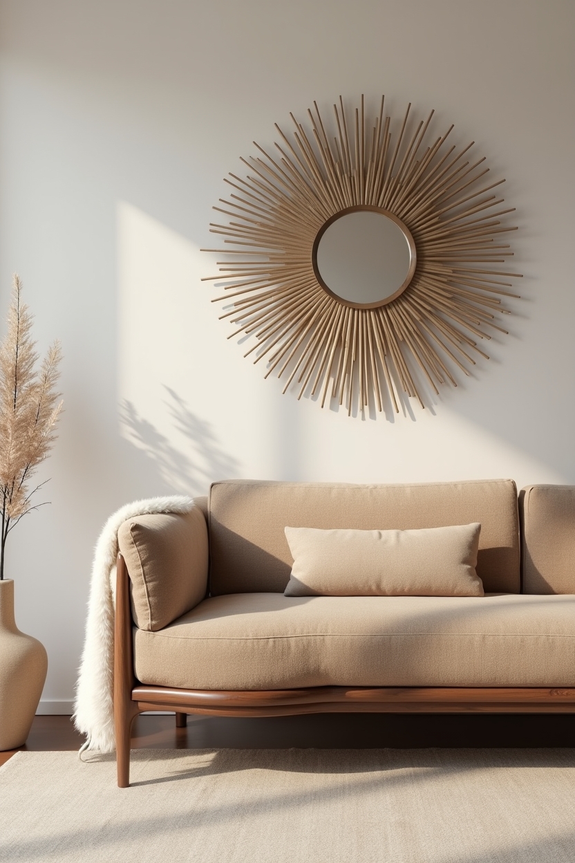 curved walnut mid-century sofa in camel bouclé home decor