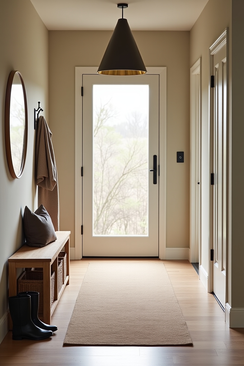 designer small entryway runner ideas — slatted_wood_bench featuring boot_friendly_wool_runner