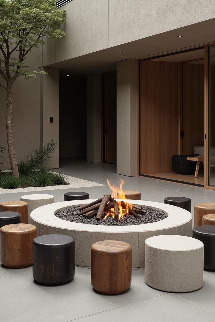 charred seating around fire pit home decor