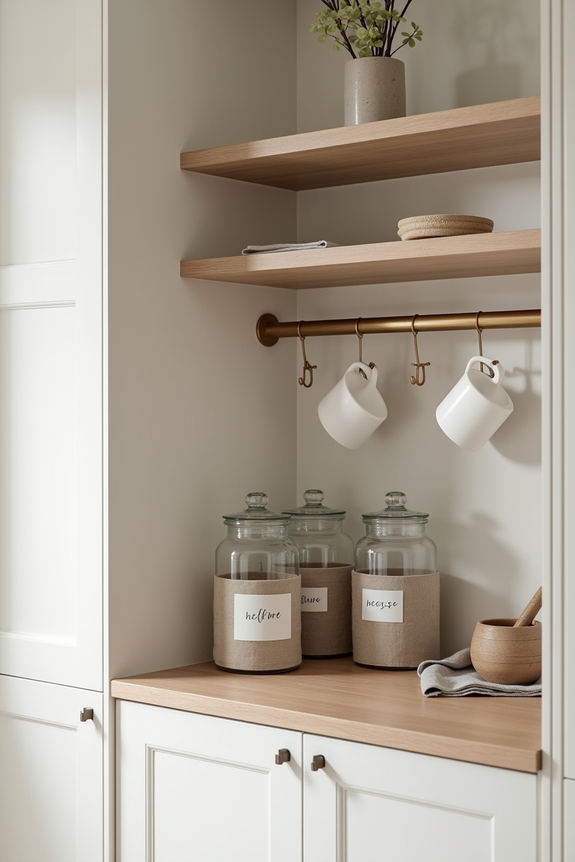 linen-wrapped labeled glass canisters home decor