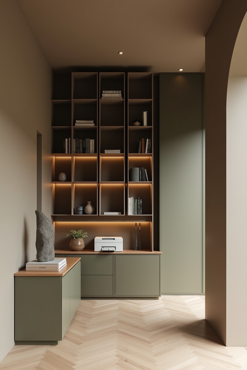 olive green office storage ideas — asymmetrically stacked olive modular cubes featuring stacked modular olive cubes