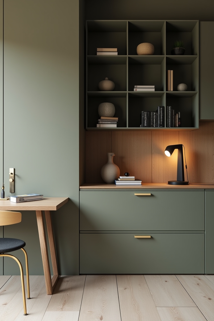 olive green office storage ideas — low matte olive two-drawer filing cabinet featuring matte olive storage units