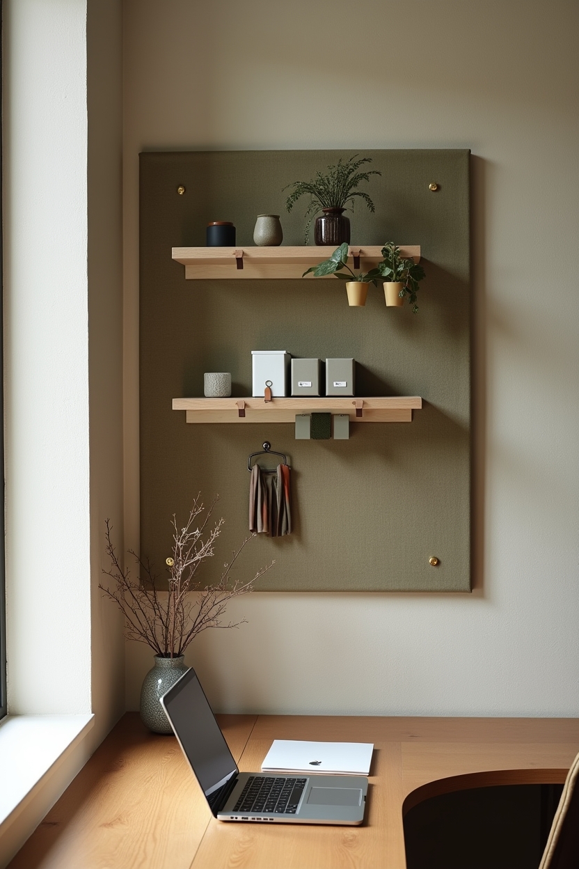 olive green office storage ideas — linen-covered magazine rack featuring textile and pegboard material accents