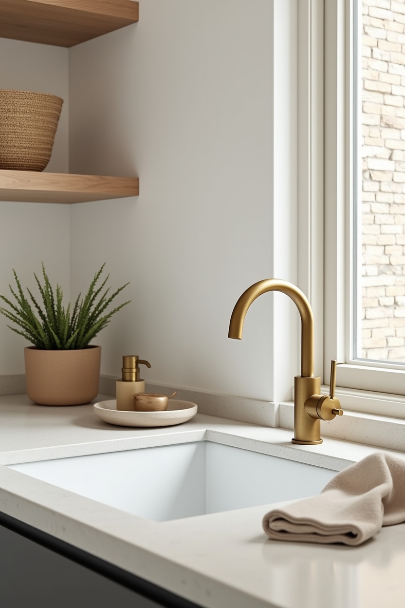 cane modern laundry room decor — arched_brass_faucet featuring brass_arch_faucet_vignette