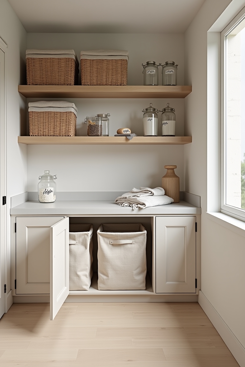 cane modern laundry room decor — floor-to-counter_cane_cabinet_with_removable_hampers featuring hidden_hamper_cabinet