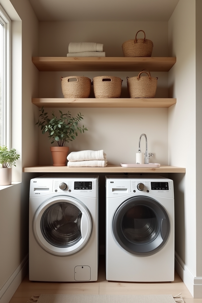 cane modern laundry room decor — floating_cane-trim_shelf_with_folded_linen featuring open_cane_trim_shelving