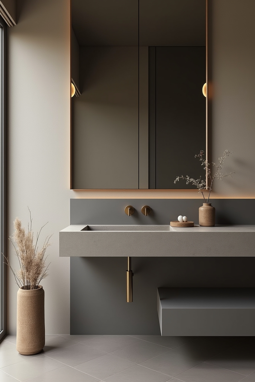 low-gloss charcoal porcelain slab with brass edge home decor