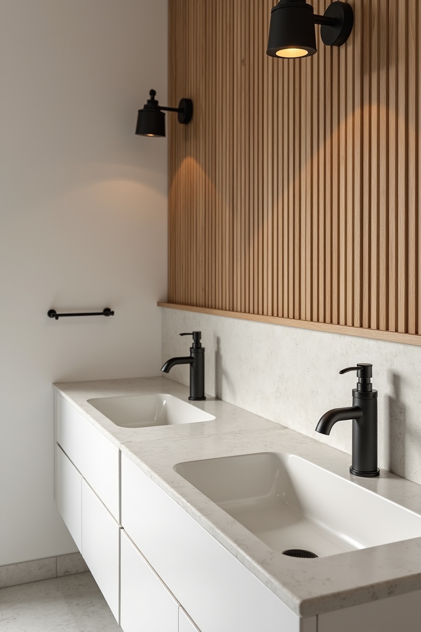 narrow vertical oak slat backsplash home decor