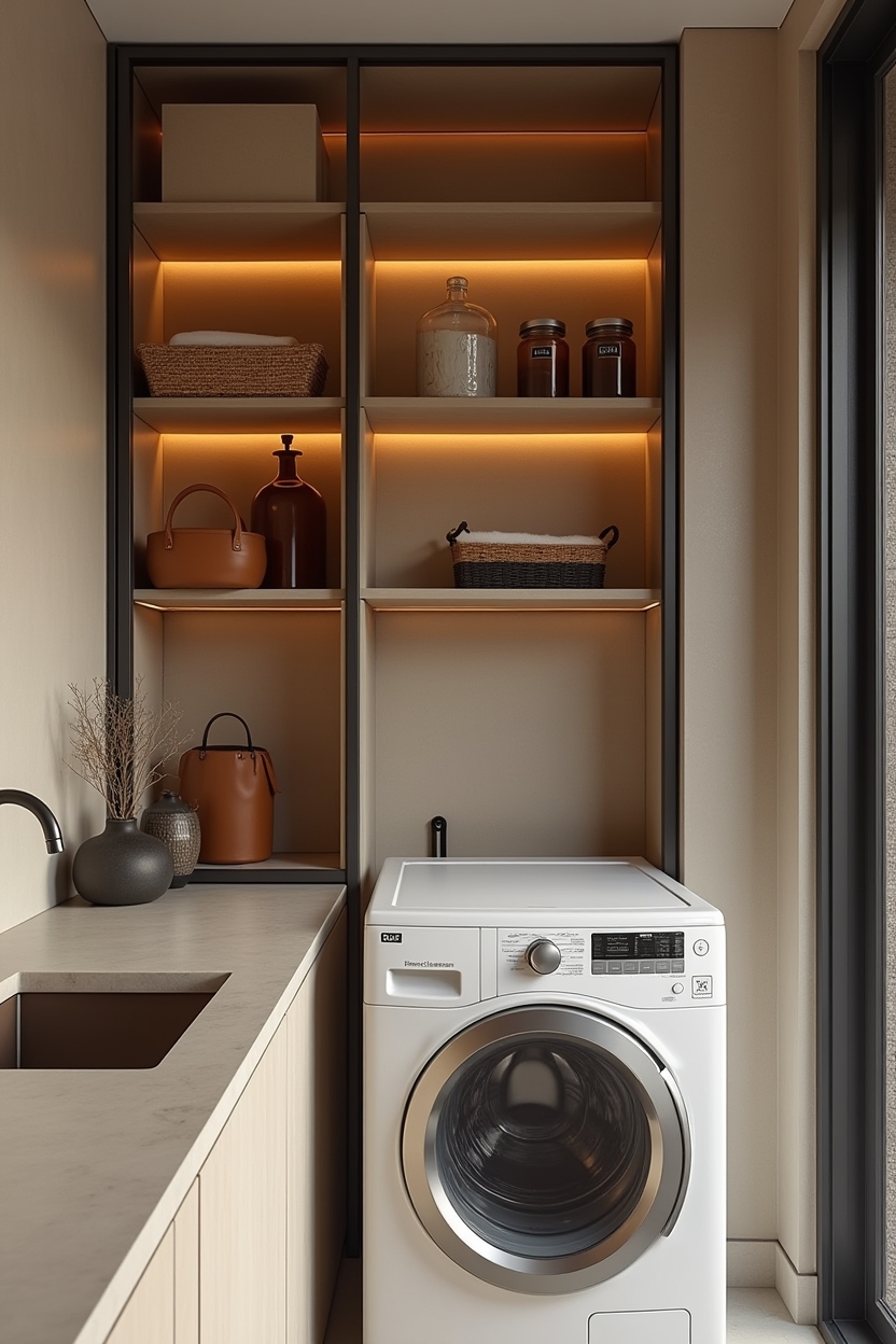 cognac mudroom laundry room ideas — cognac-tinted glass cabinet door framed in slim black metal featuring cognac-tinted semi-opaque glass doors